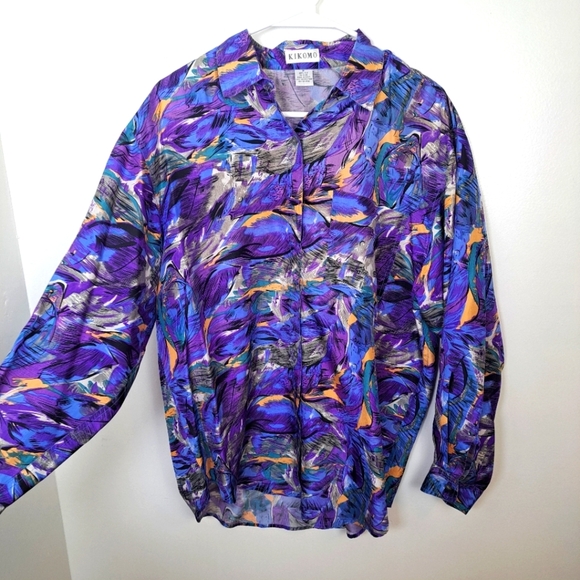 Kikomo Blue Purple Artsy Button Up 100% Silk Eclectic Watercolor Shirt Size M - Picture 1 of 5